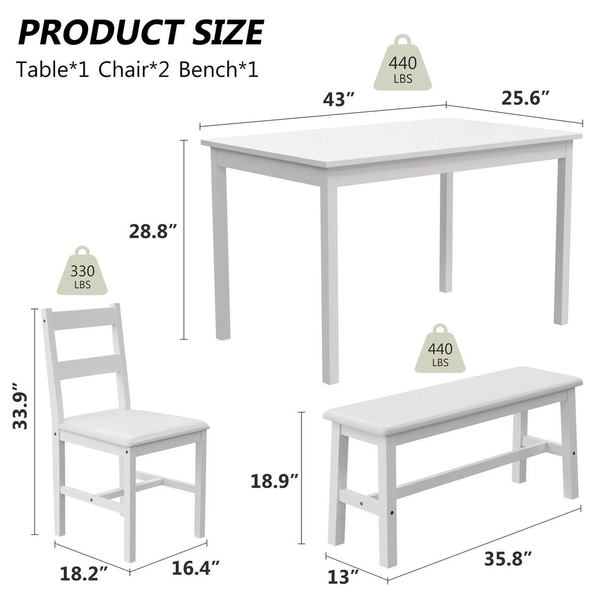 White 4 Piece Wood Dining Table Set with Chairs and Bench J97958