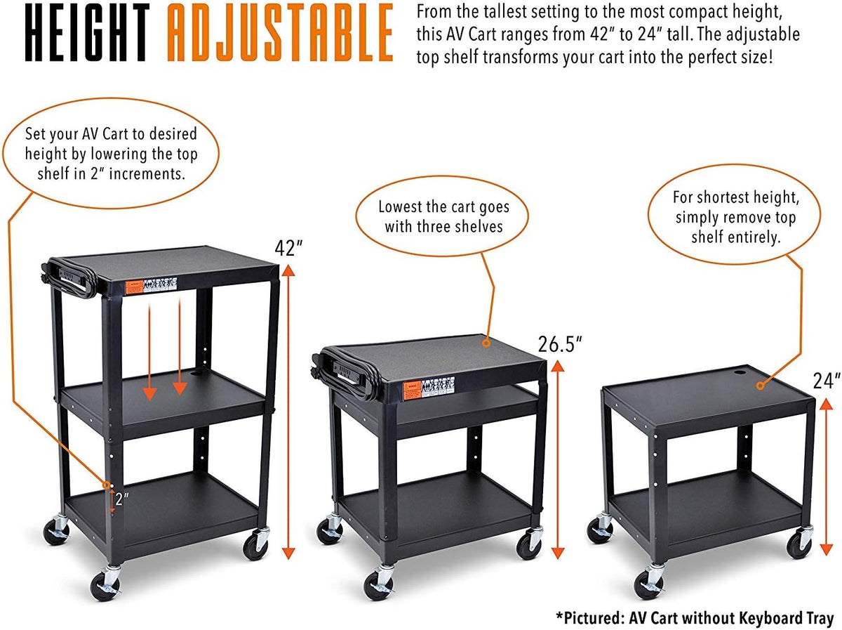 Height Adjustable AV Cart on Wheels with Keyboard Tray and Power Cord S9017