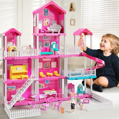 Pink 4-Story 10-Room Dollhouse Playset with 2 Dolls P377