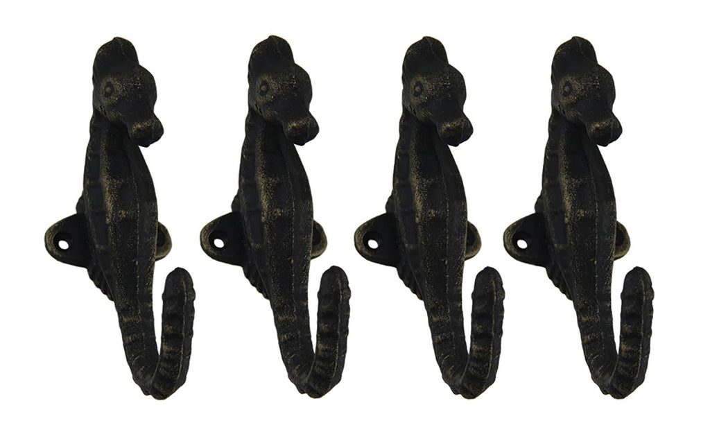 Set of 4 Faux Aged Bronze Finish Cast Iron Seahorse Wall Hooks G20994