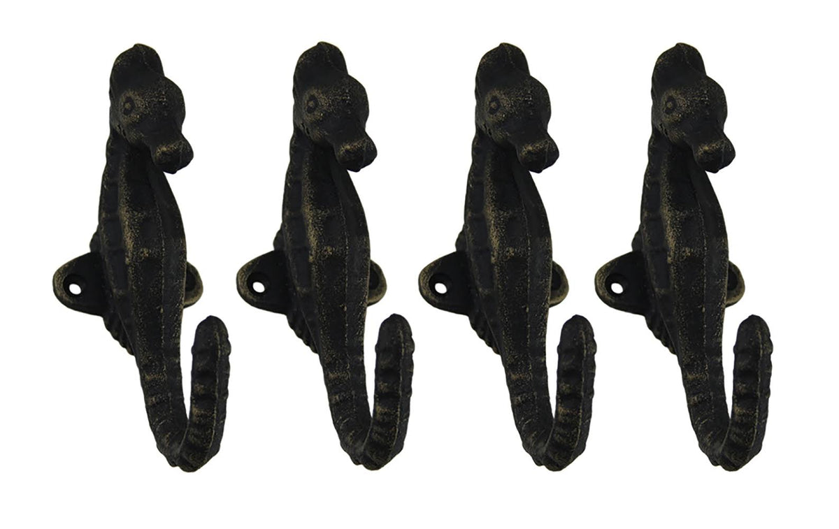 Set of 4 Faux Aged Bronze Finish Cast Iron Seahorse Wall Hooks G20994