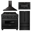 36 in. Dual Fuel Range, Range Hood, Microwave Drawer, Refrigerator in Black Stainless N8948