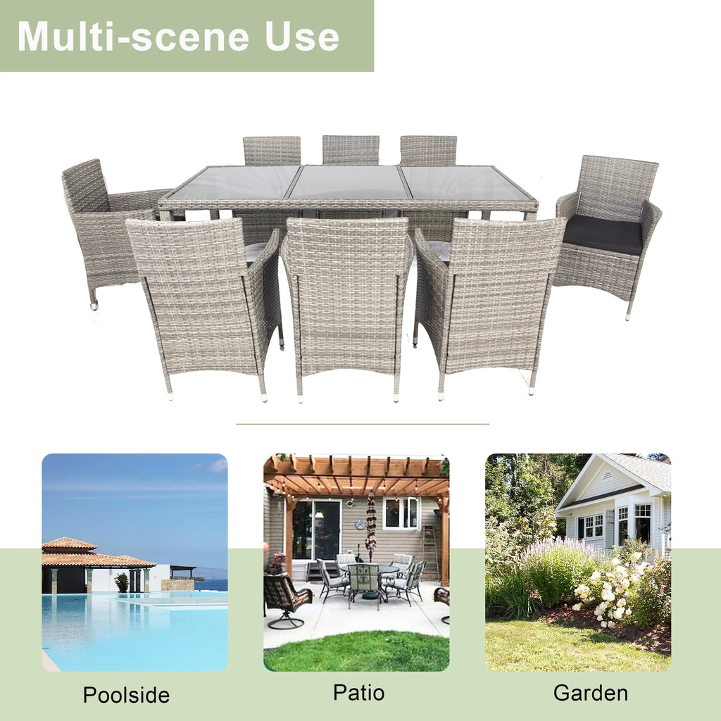 9 Pieces Wicker Outdoor Dining Set with Glass Tabletop and Cushioned Chairs Z540818