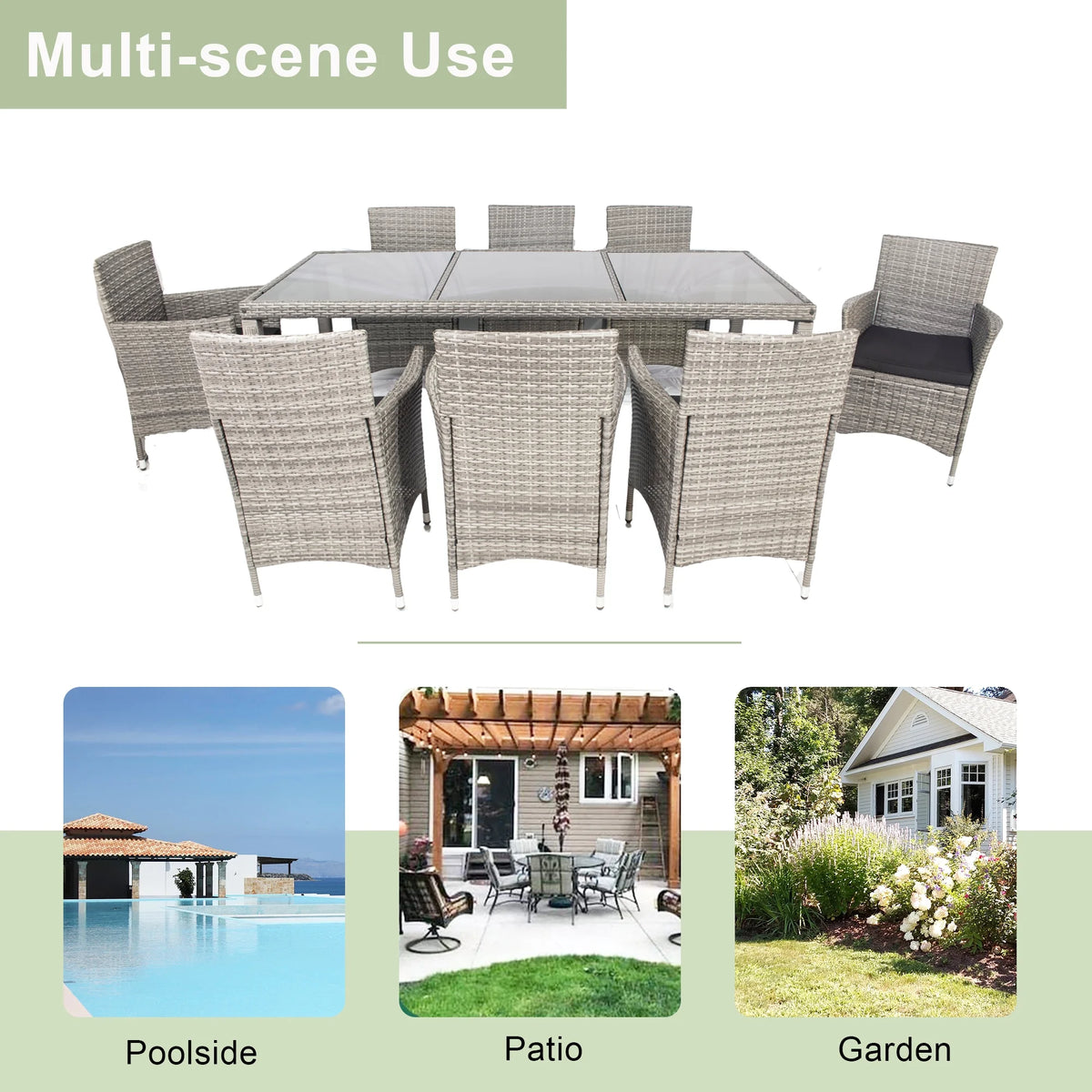 9 Pieces Wicker Outdoor Dining Set with Glass Tabletop and Cushioned Chairs Z540818