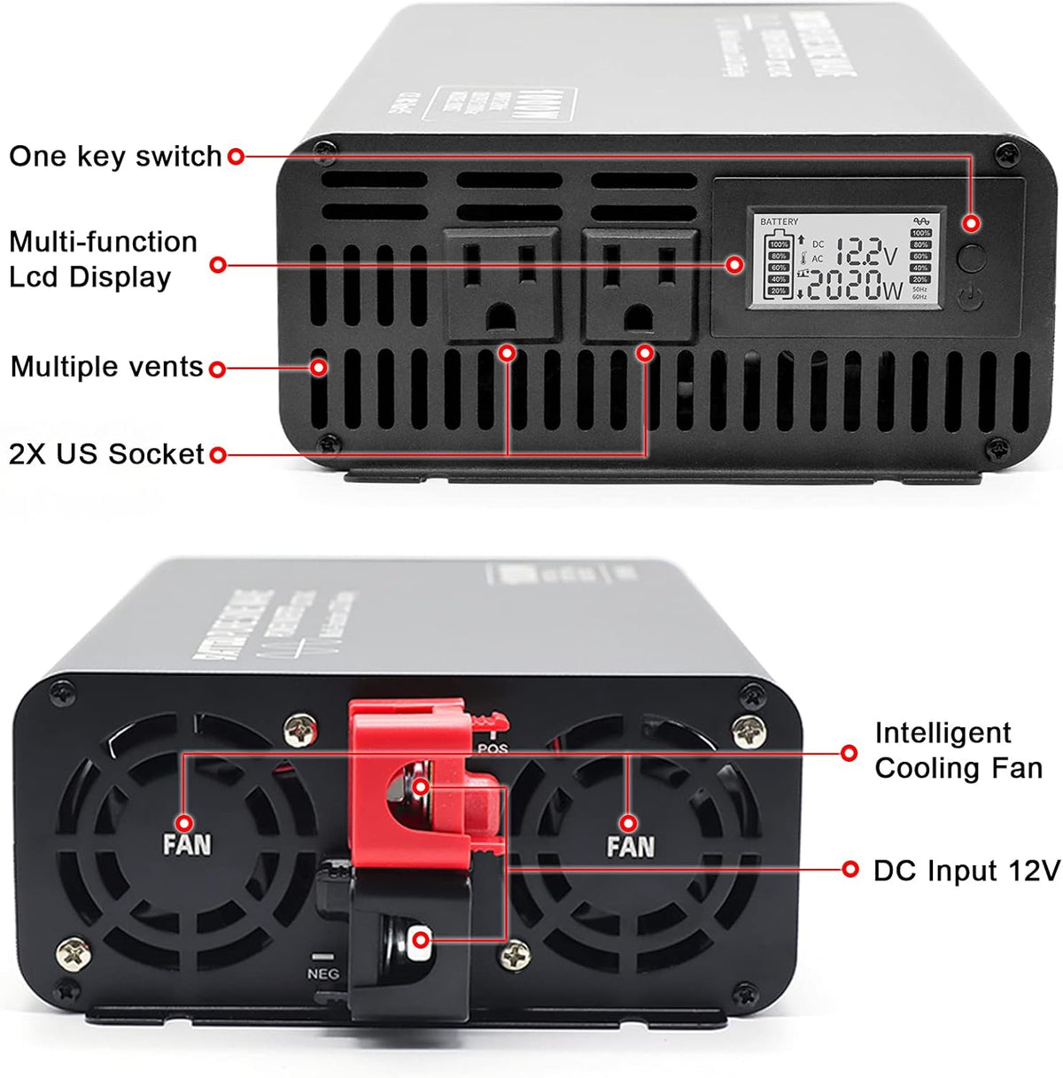 2000W Pure Sine Wave Inverter 12V to 110V with 2 AC Outlets N834250