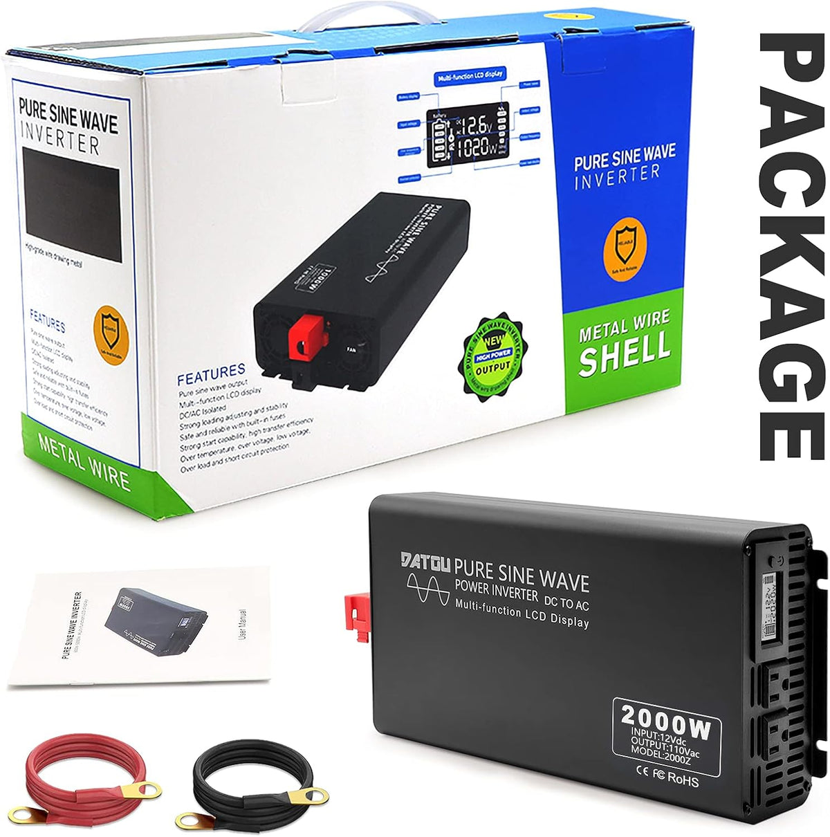 2000W Pure Sine Wave Inverter 12V to 110V with 2 AC Outlets N834250