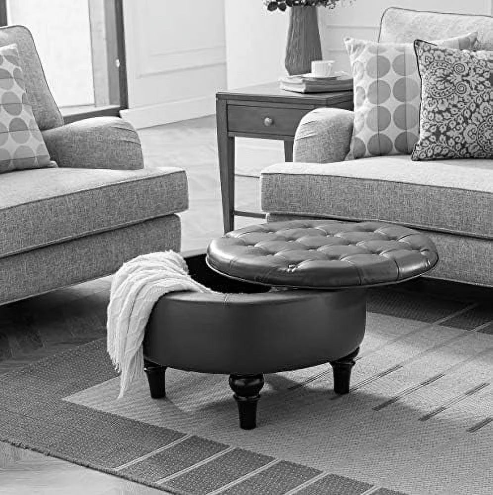 Faux Leather Round Ottoman with Tray Top X2829