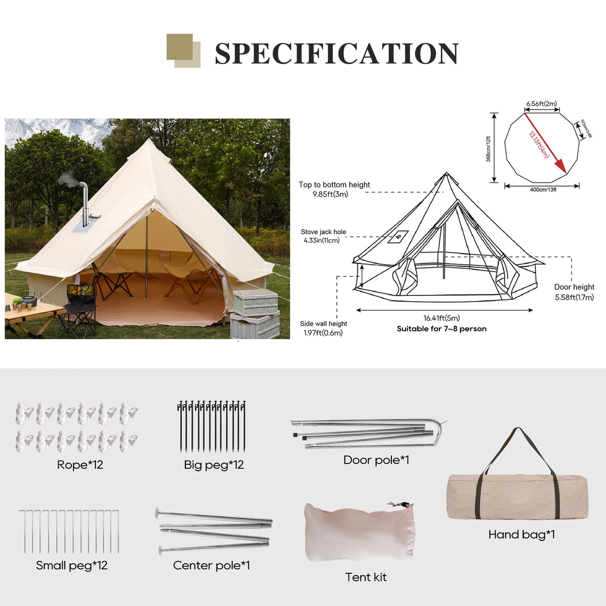 Cotton Canvas Bell Tent with Stove Jack, 4 Season, 5M, Green L2018