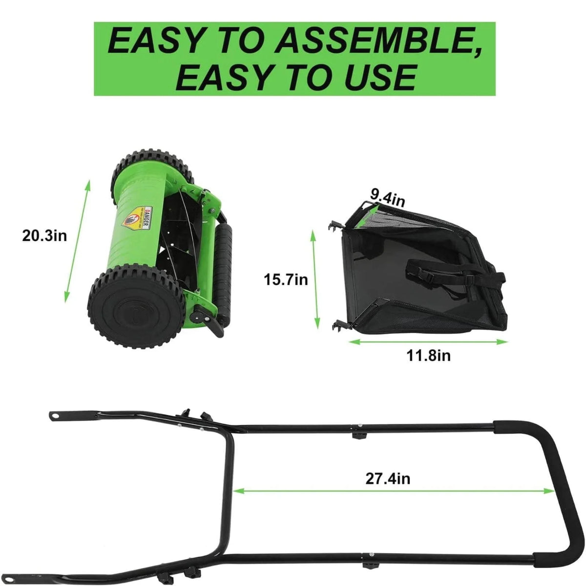 2 Wheels Push Lawn Mower 15-inch Adjustable Walk-Behind with Grass Catcher G929