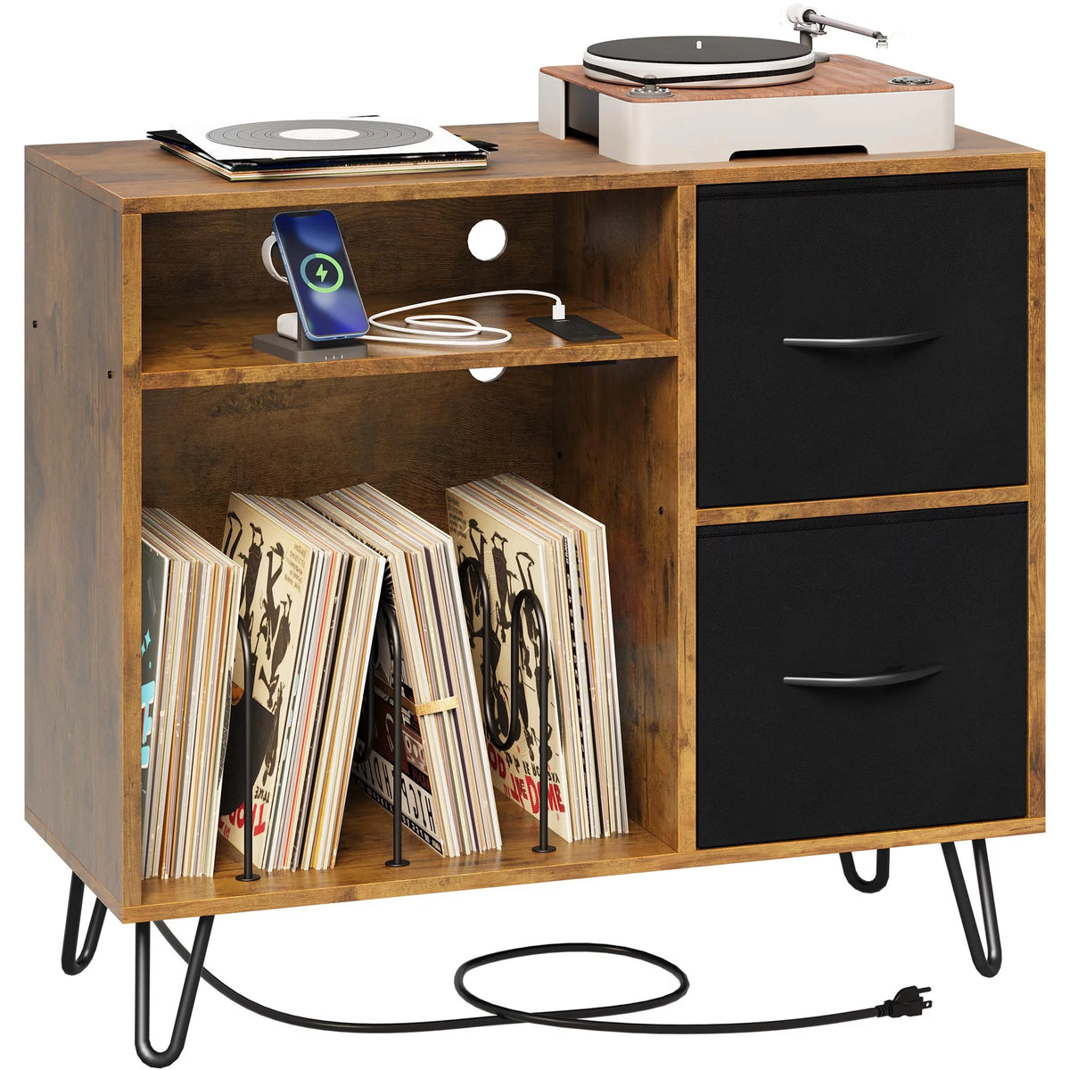Vinyl Record Player End Table Stand with Cloth Drawer S323028