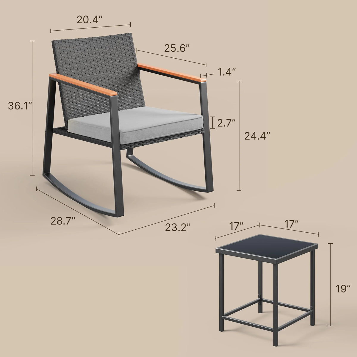 3 Pieces Patio Rocking Chairs Set with Glass Coffee Table T48977