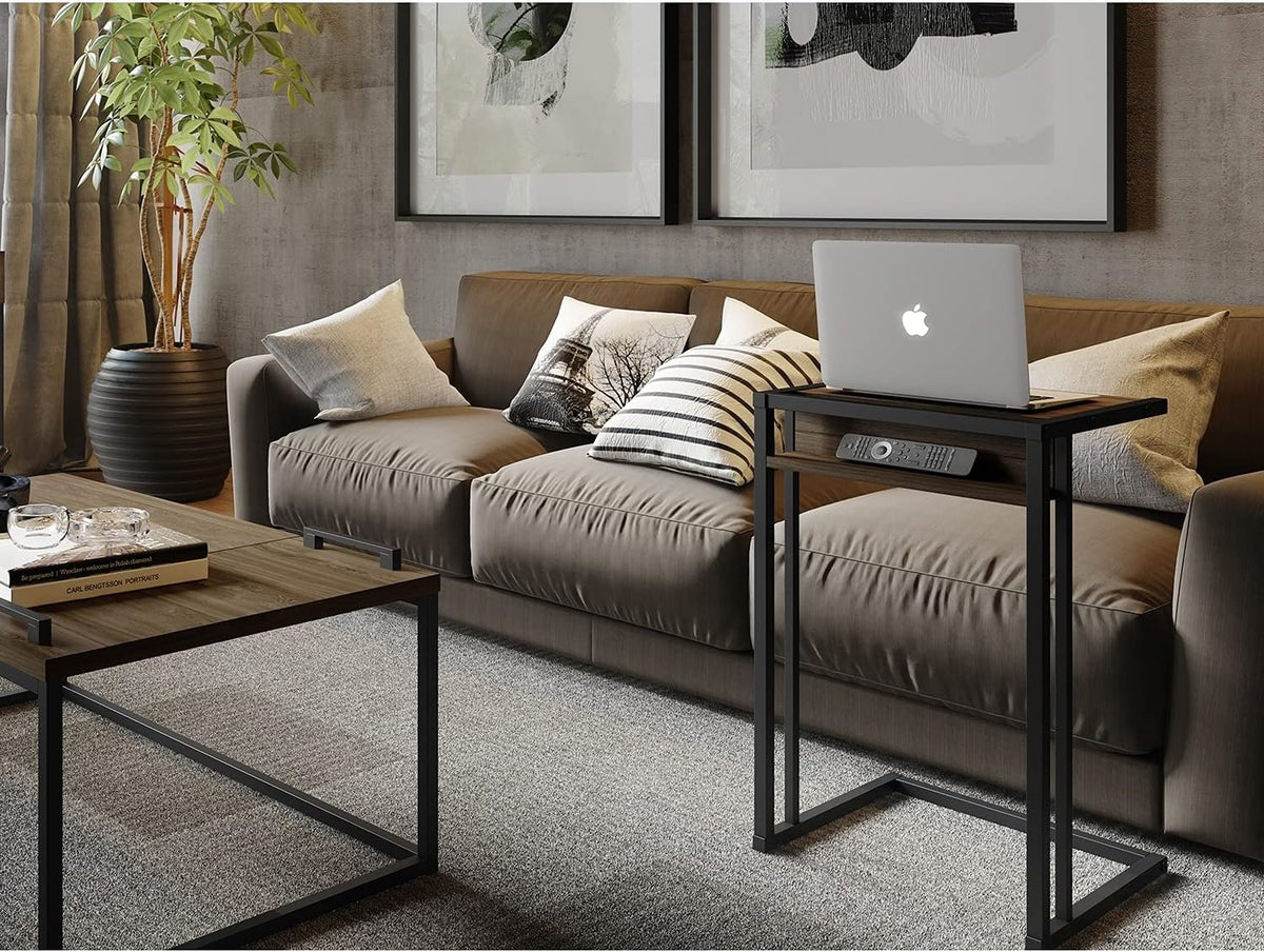 Dark Brown Oak Melamine C End Table with Black Metal Frame P574