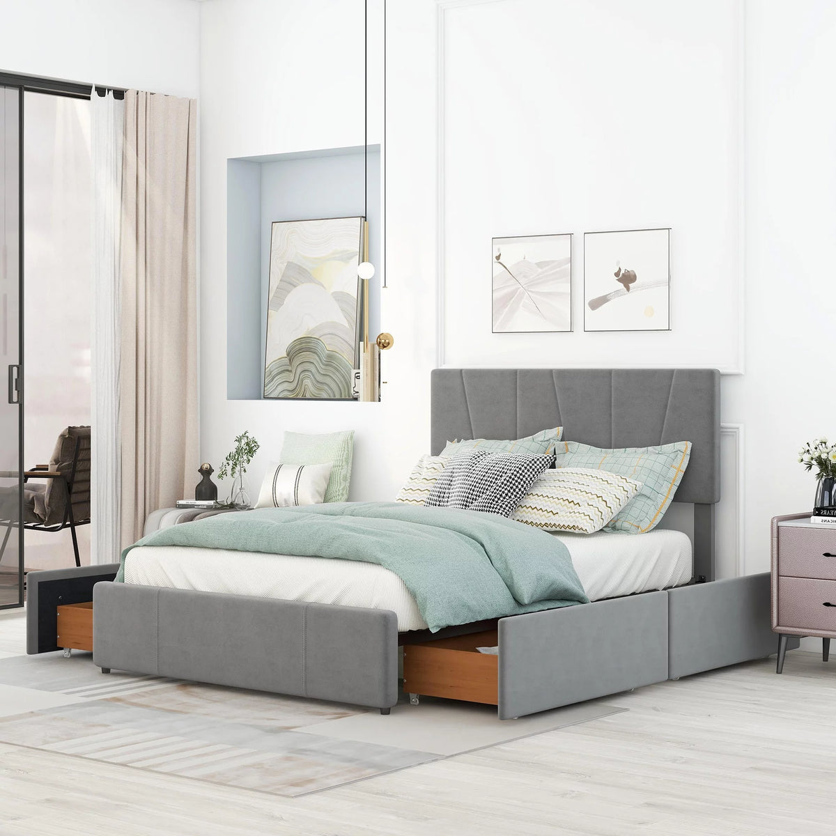Full Size Gray Velvet Upholstered Platform Bed with 4 Storage Drawers H121
