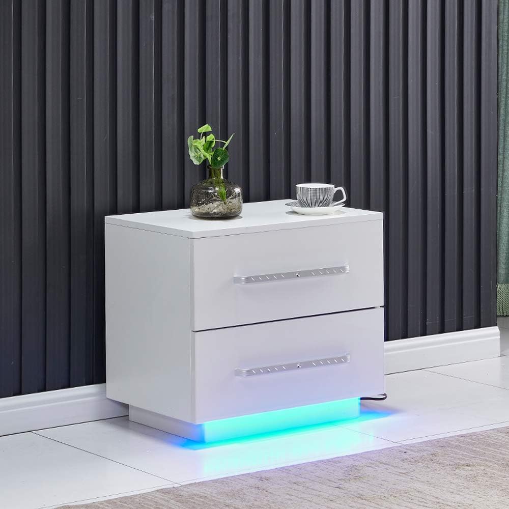 White High Gloss 2 Drawer Bedside Table with LED Lights X475130