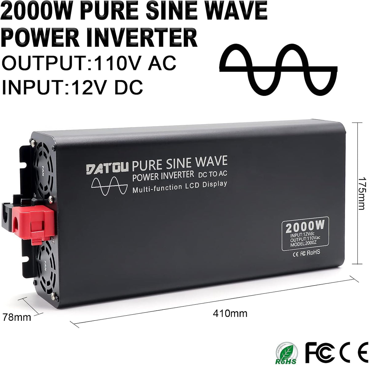 2000W Pure Sine Wave Inverter 12V to 110V with 2 AC Outlets N834250