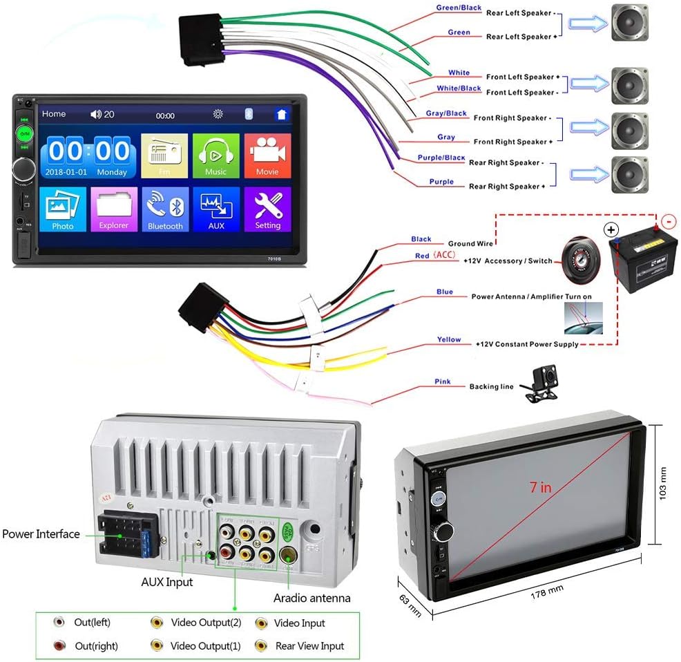 7 Inch Touch Screen Double Din Car Stereo with Backup Camera A3044