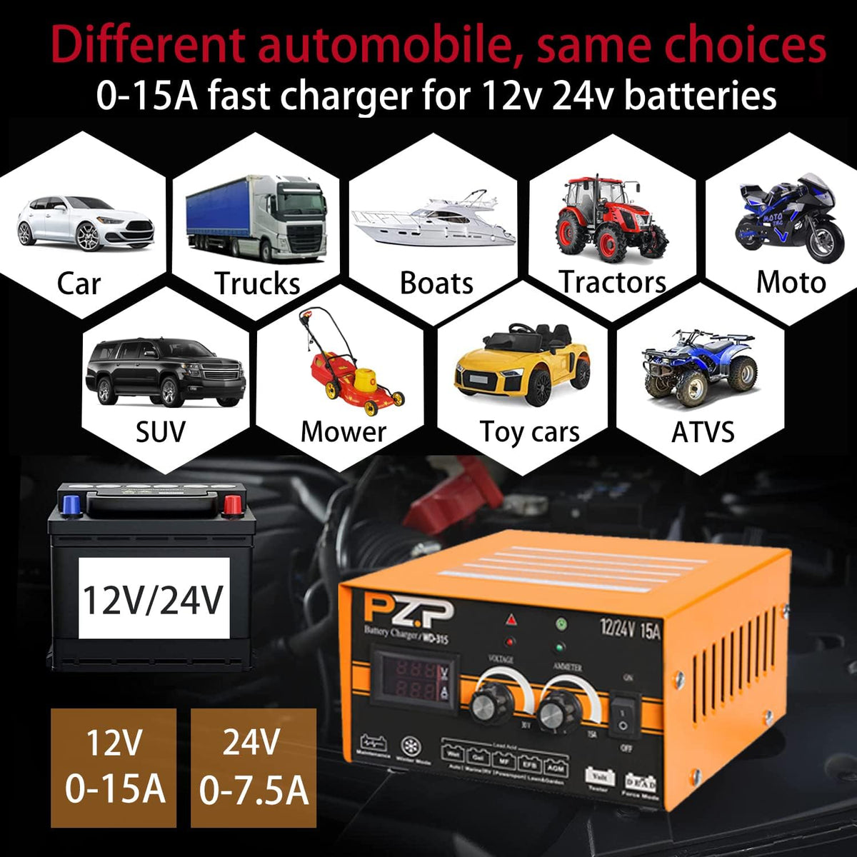 24v Manual 15-Amp Automotive Battery Charger and Maintainer D764