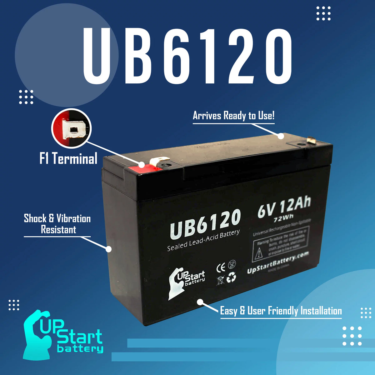 6V 12Ah Sealed Lead Acid Battery with F1 to F2 Terminal Adapters Q94241