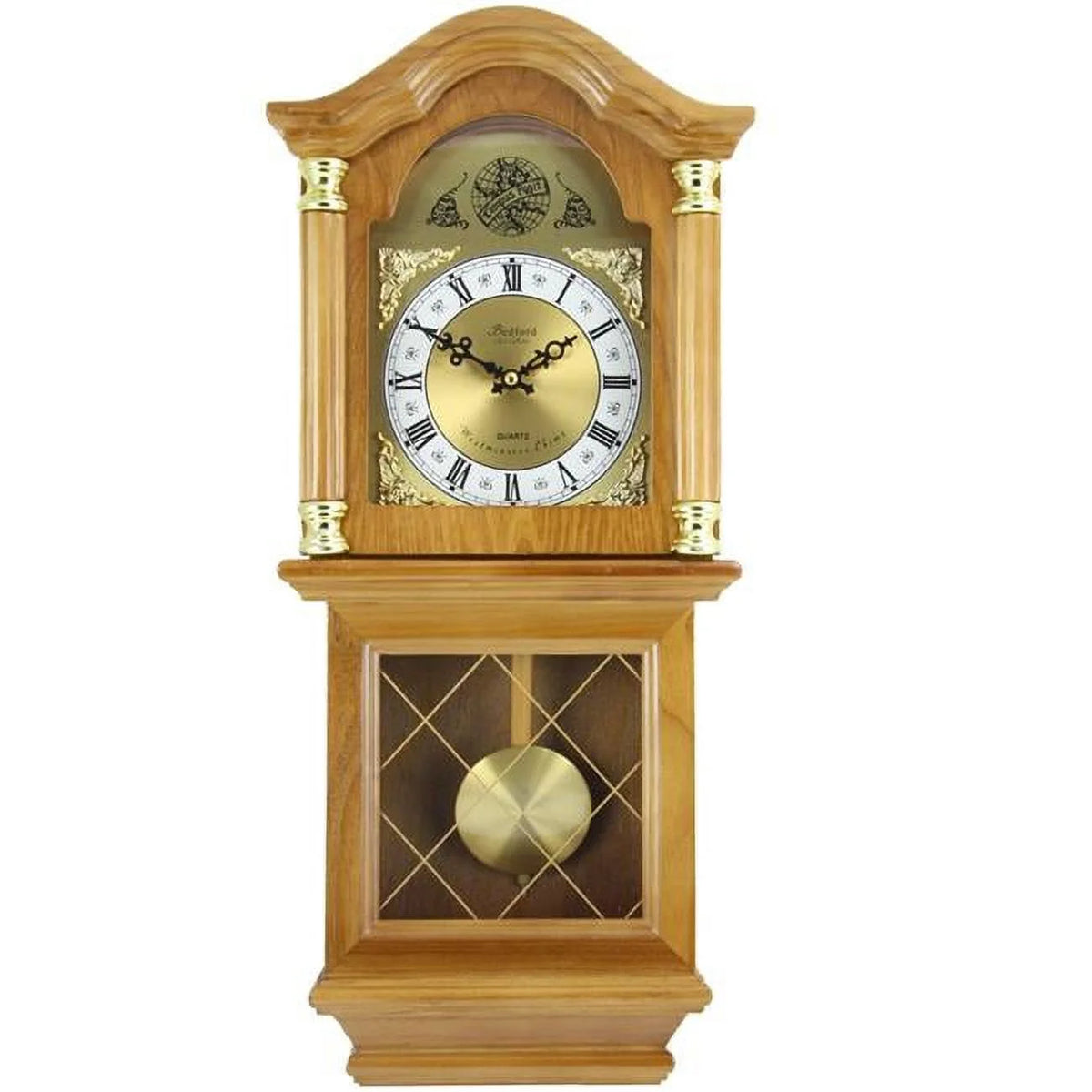 Golden Oak Chiming Wall Clock with Swinging Pendulum O791482