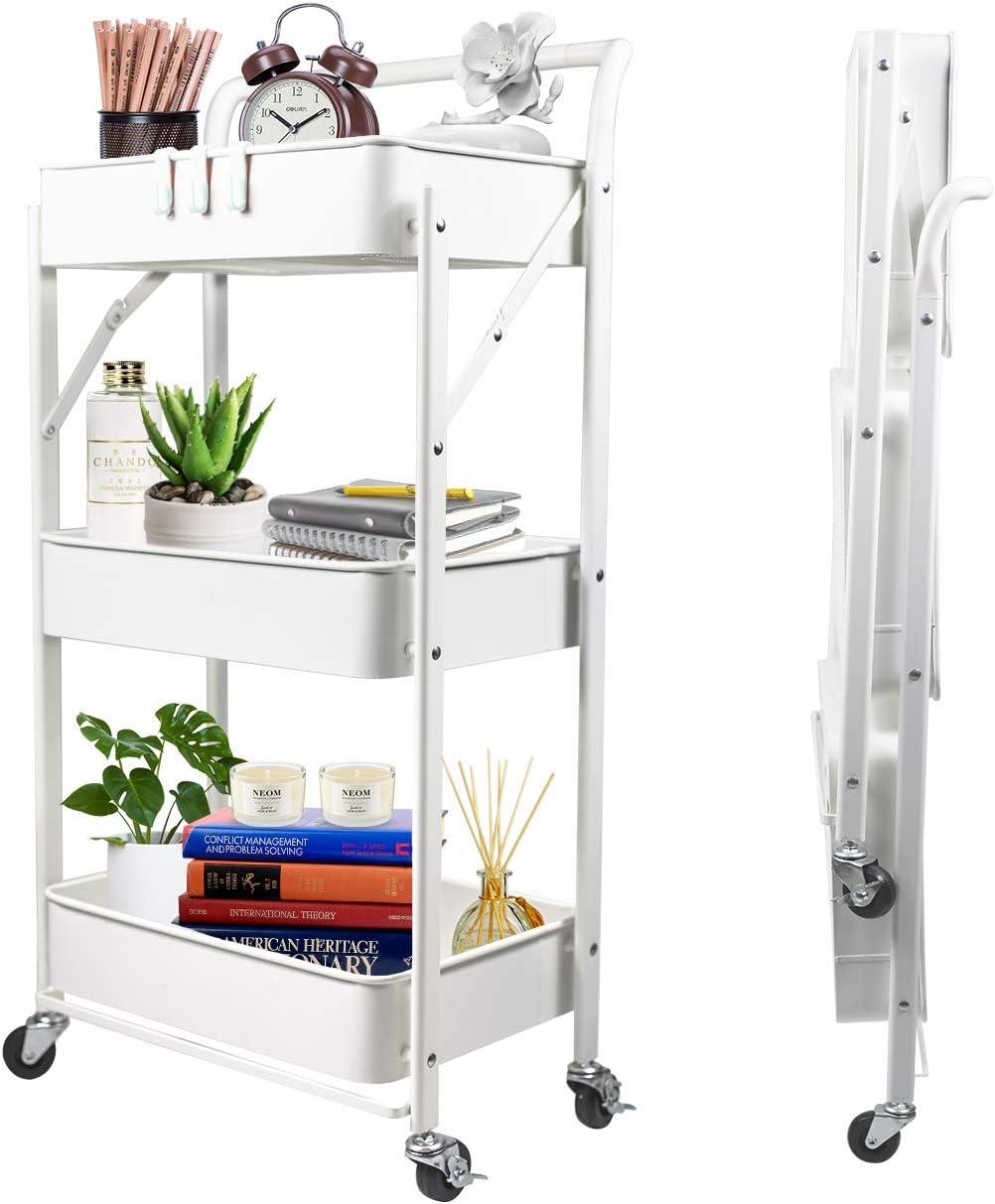 3-Tier Collapsible Rolling Utility Cart with Lockable Caster Wheels U4232