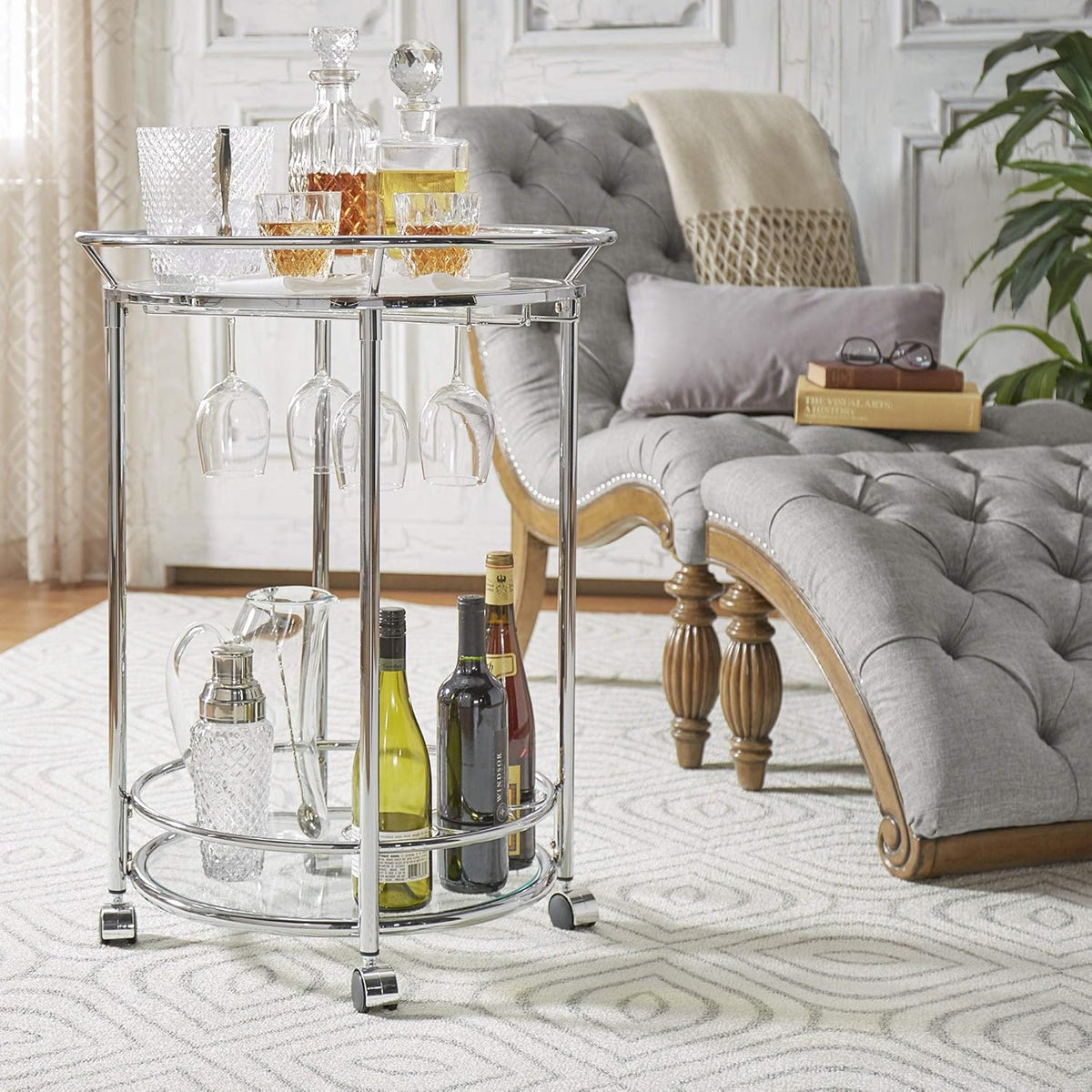 Round Chrome Metal Glass Top Bar Cart P4767