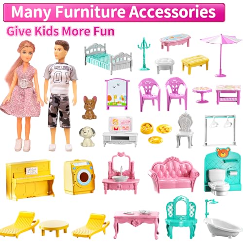 Pink 4-Story 10-Room Dollhouse Playset with 2 Dolls P377