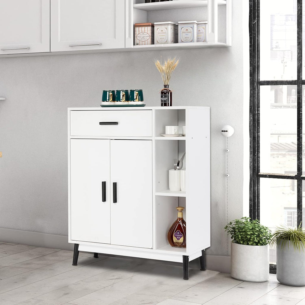 White Accent Buffet Cabinet with Open Shelves and Doors U225