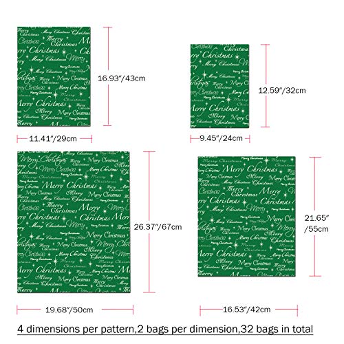 Christmas Gift Bags, 32Pcs Santa Wrapping Bag in 4 Sizes and 4 Designs with Ribbon Ties and Tags Y45130