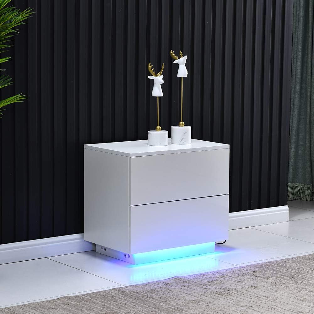 White High Gloss 2 Drawer Bedside Table with LED Lights X475130