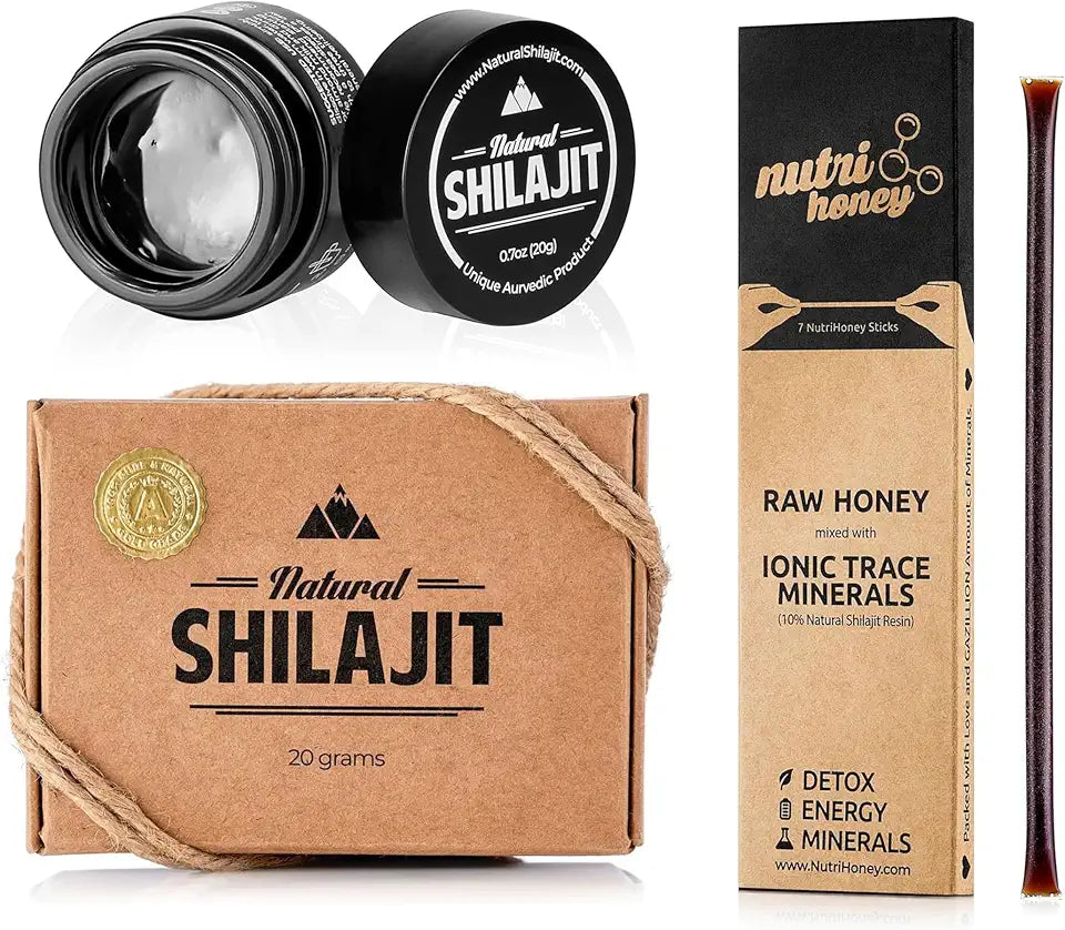 Shilajit Resin 20 Gram Supplement with Fulvic Acid & Trace Minerals & Honey Sticks 7 Count P7126