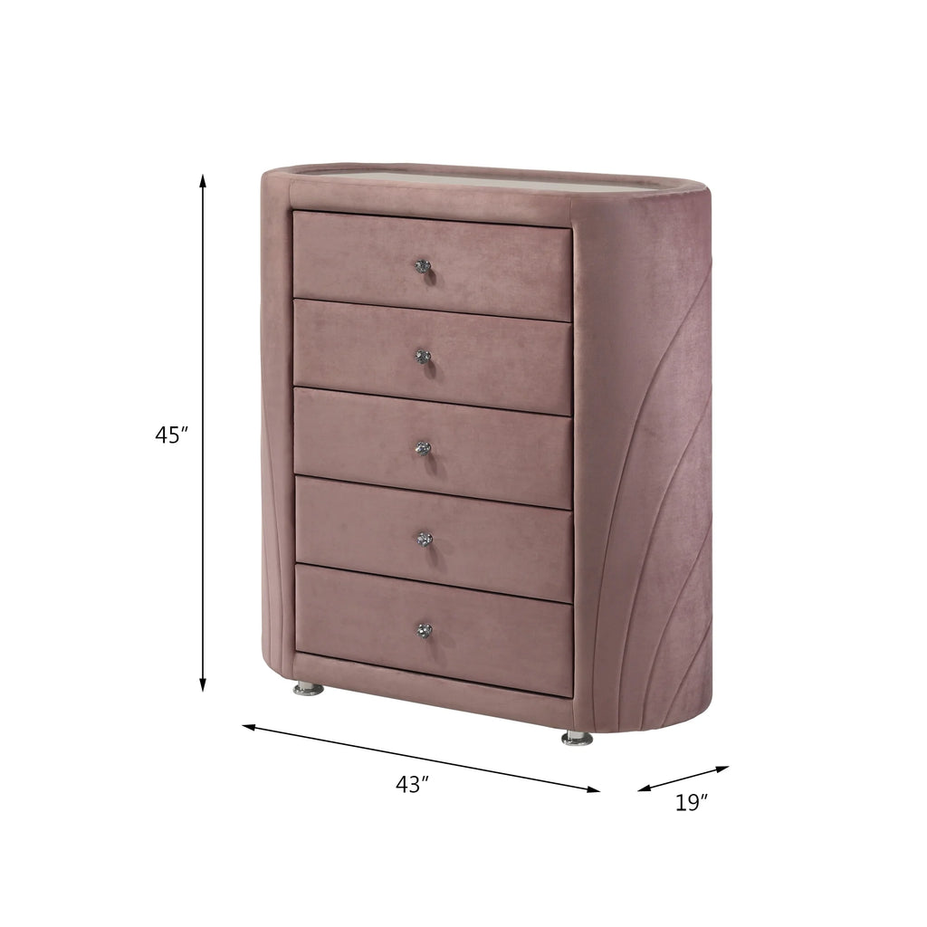 Pink 5 Drawer Velvet Upholstery Chest with Mirror I92524