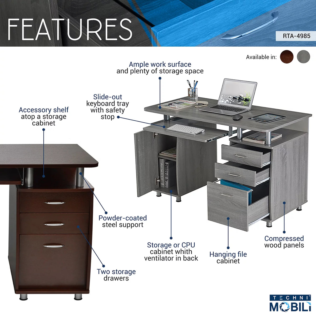 Gray Computer Workstation with Cabinet and Drawers Z47526