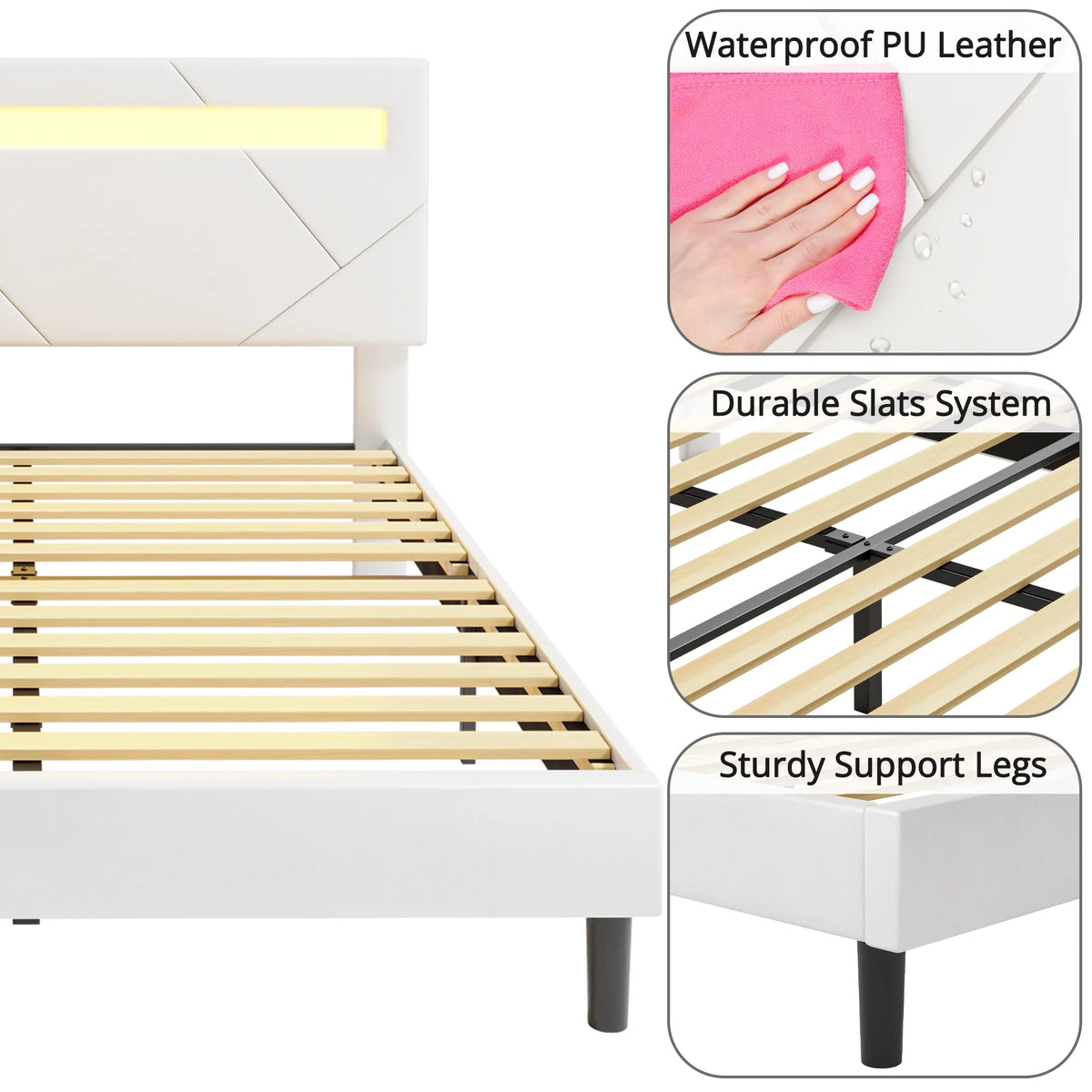 Twin Bed Frame with LED Lights and Adjustable Upholstered Headboard J14165