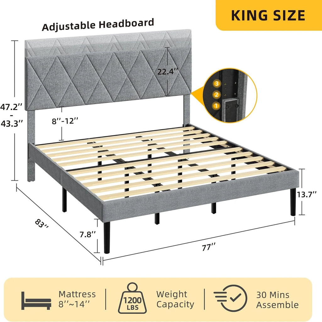 King Size Upholstered Platform Bed with Adjustable Headboard and Under-Bed Storage, Grey C23861