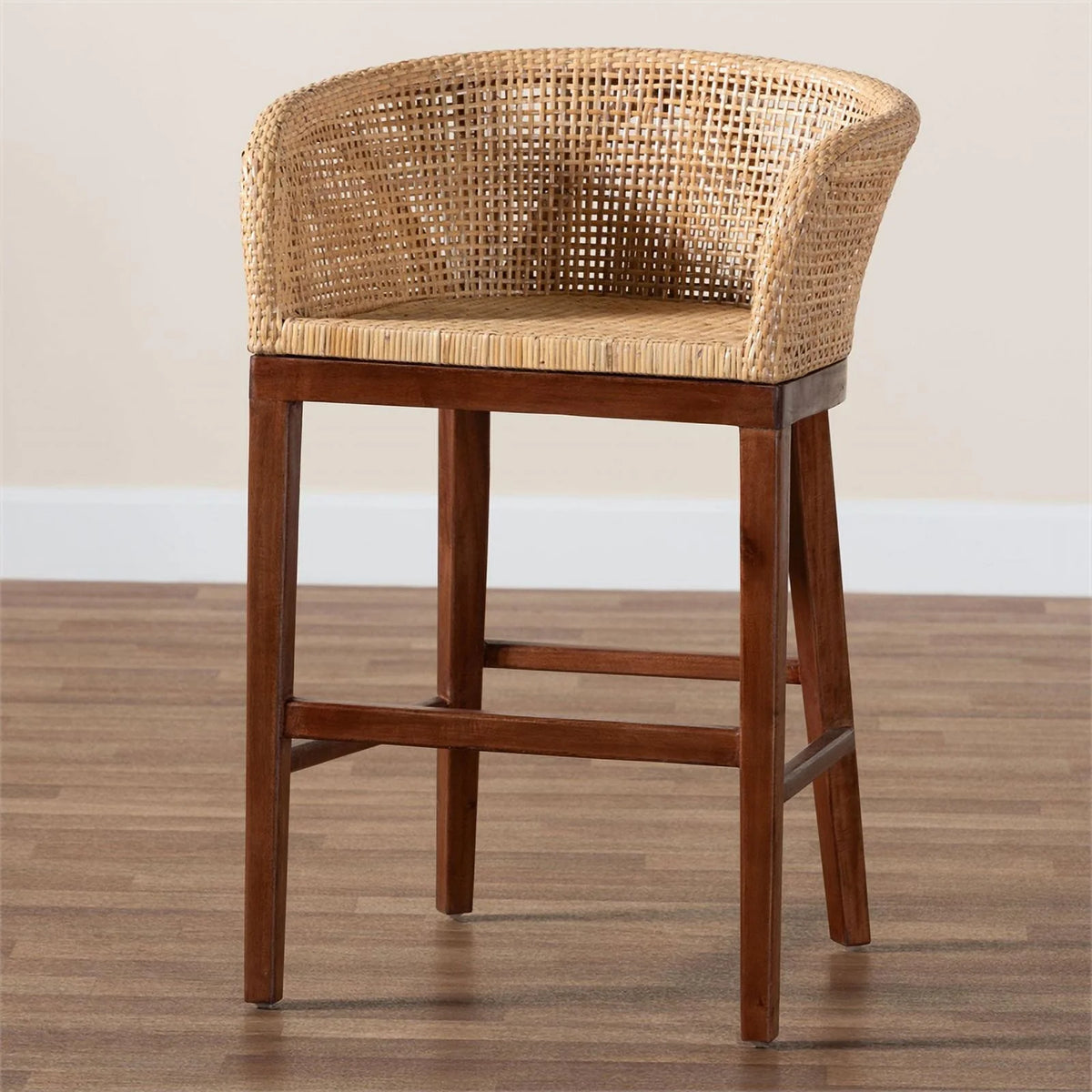 Natural Rattan and Walnut Brown Acacia Wood Counter Stool Q800