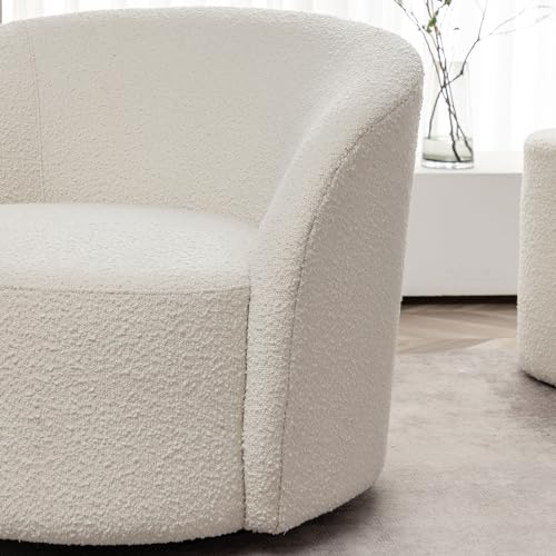 Cream Boucle Swivel Barrel Chair with Round Ottoman Set I670973