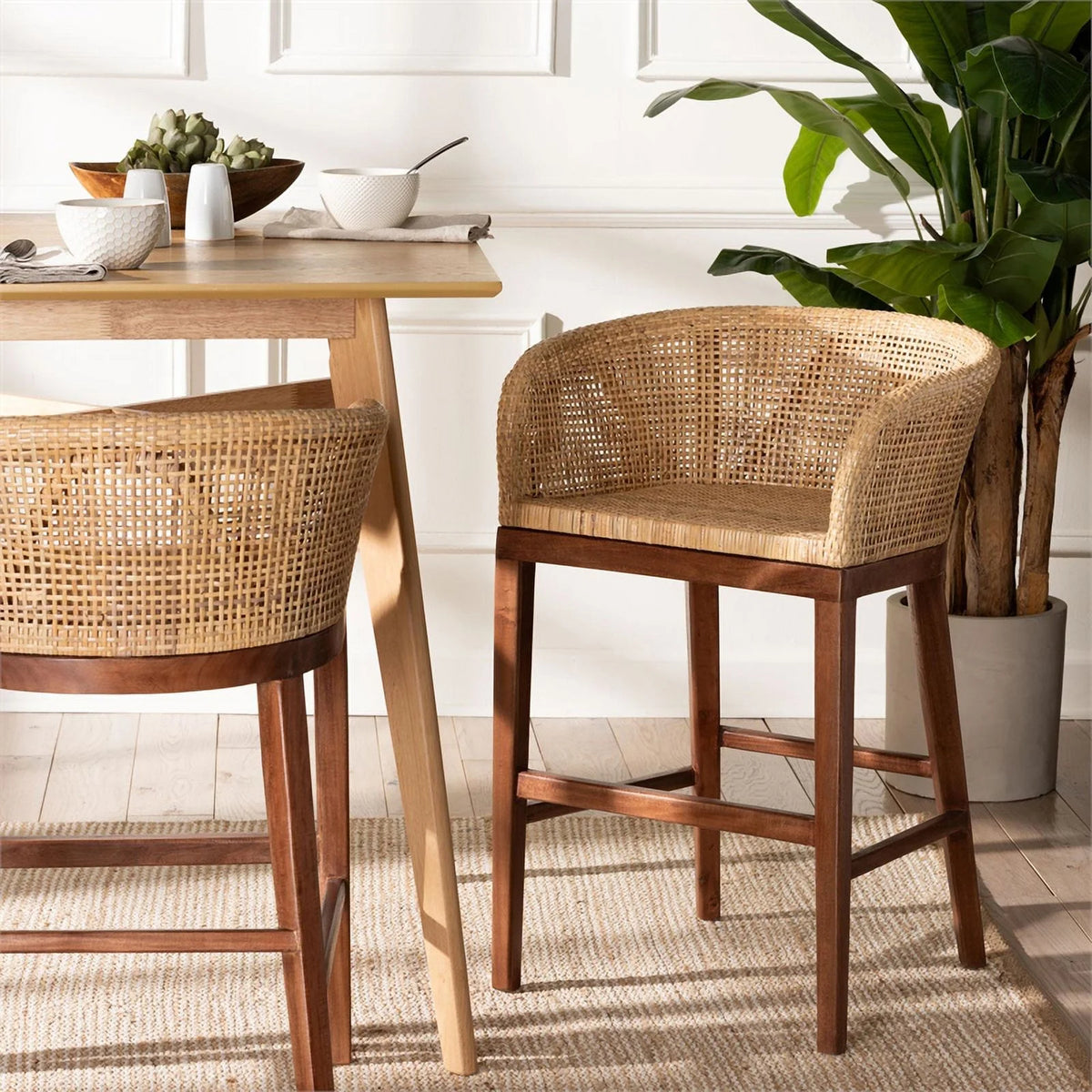 Natural Rattan and Walnut Brown Acacia Wood Counter Stool Q800
