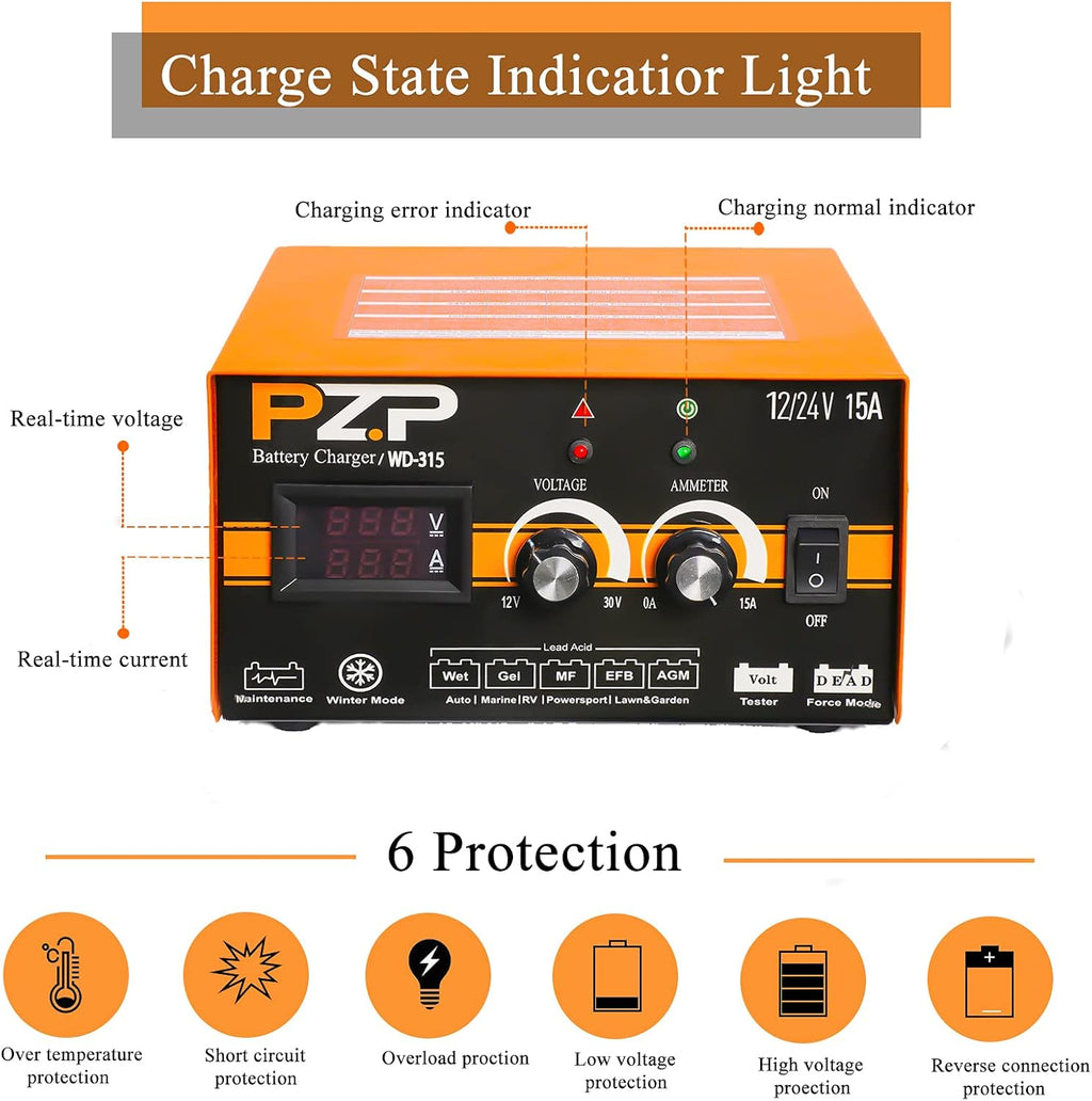 24v Manual 15-Amp Automotive Battery Charger and Maintainer D764