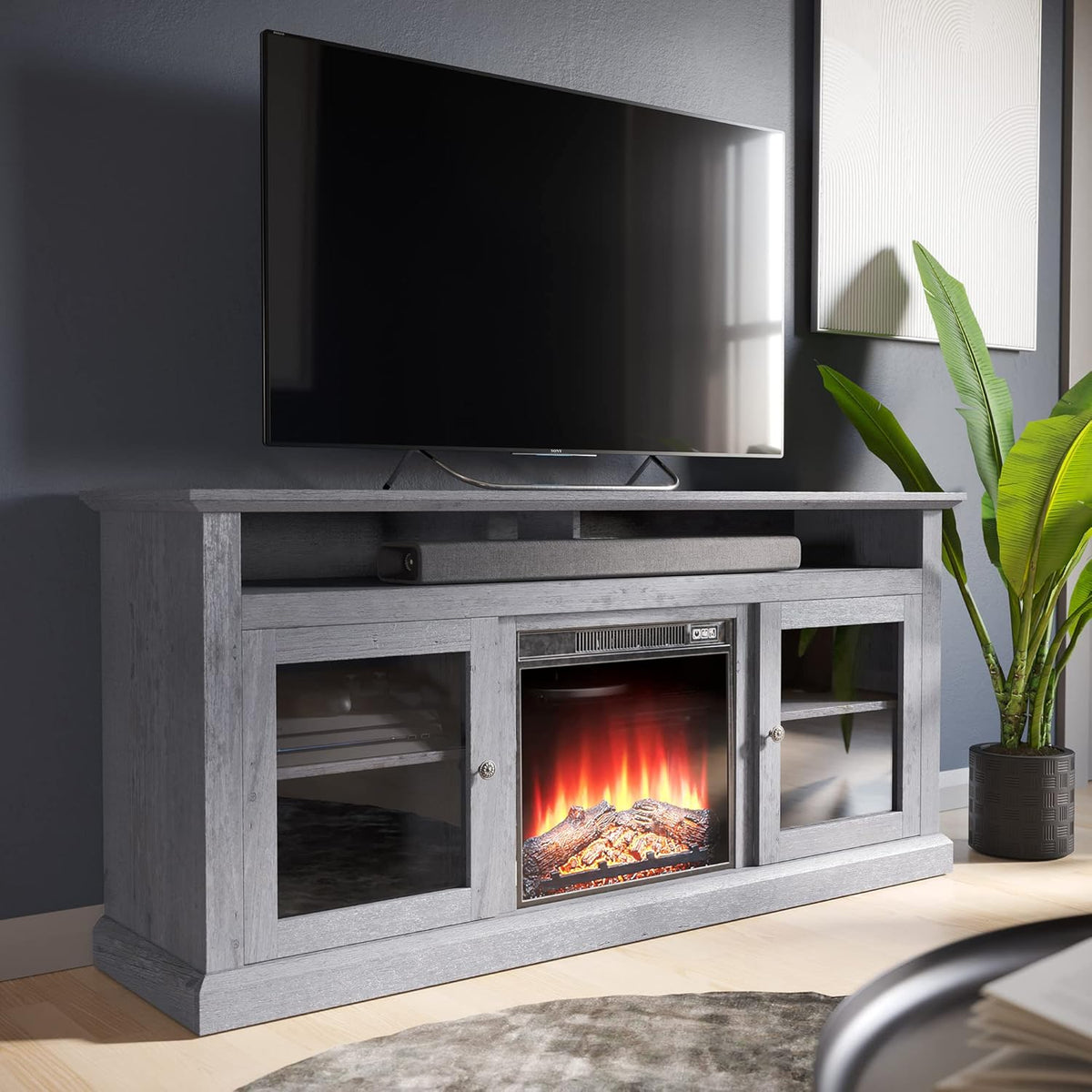 60 Inch TV Stand with Open Storage Shelves & Cabinets J97228