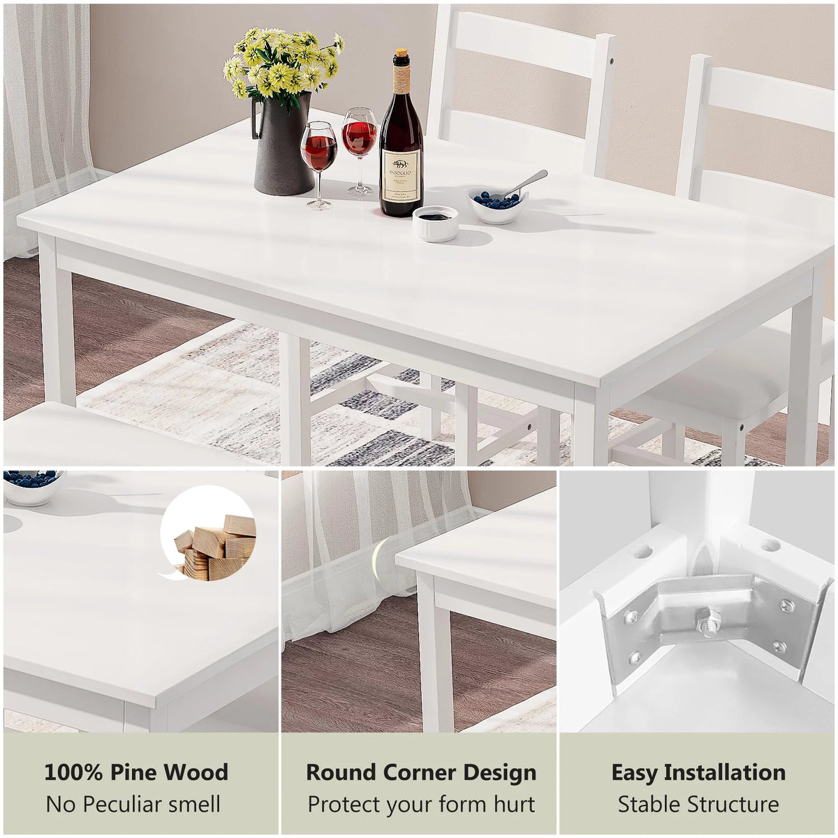 White 4 Piece Wood Dining Table Set with Chairs and Bench J97958