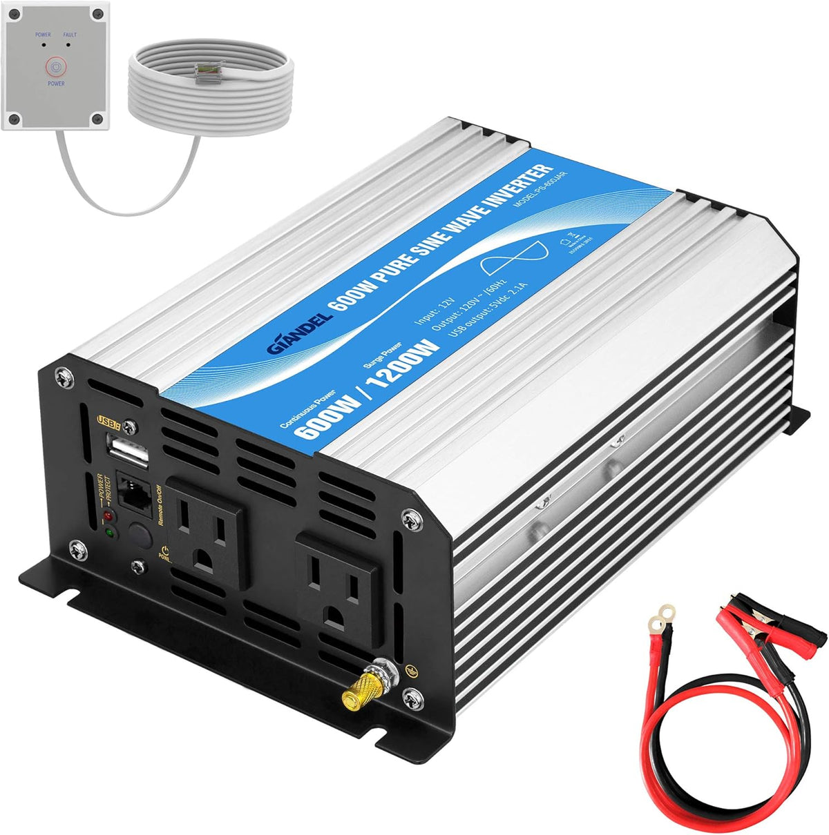 Pure Sine Wave 600Watt Power Inverter with Remote Control Dual AC Outlets and USB Port X963419