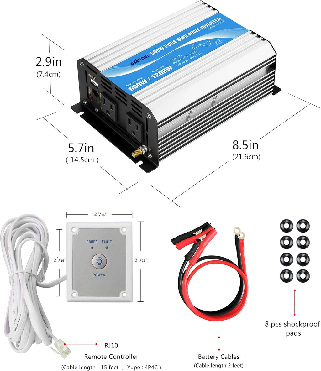 Pure Sine Wave 600Watt Power Inverter with Remote Control Dual AC Outlets and USB Port X963419
