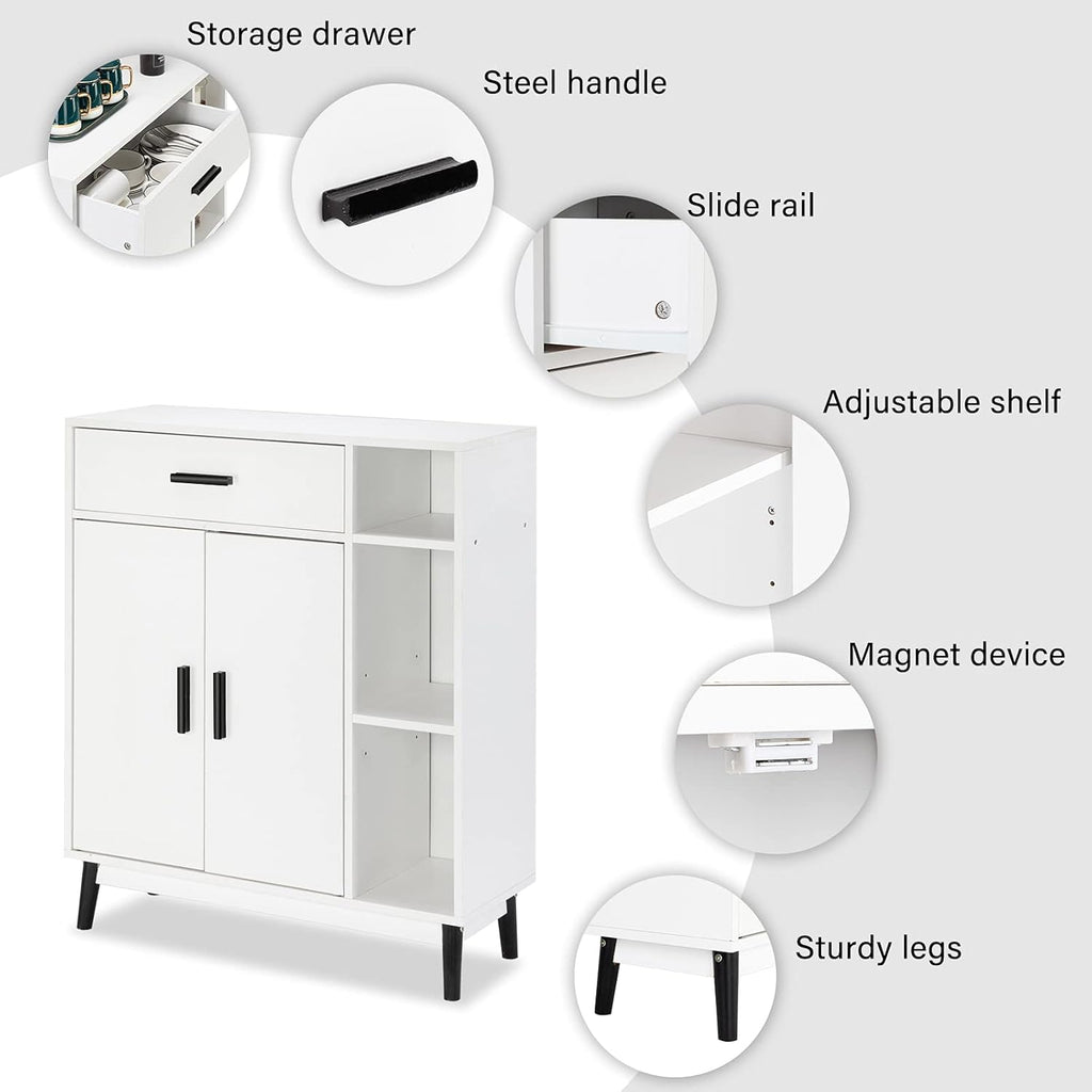 White Accent Buffet Cabinet with Open Shelves and Doors U225
