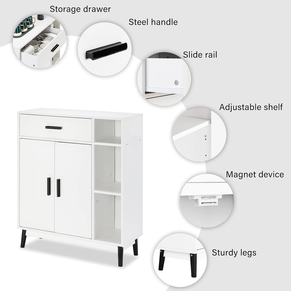 White Accent Buffet Cabinet with Open Shelves and Doors U225