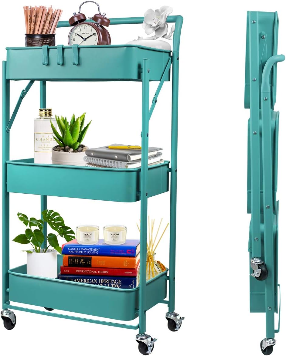 3-Tier Collapsible Rolling Utility Cart with Lockable Caster Wheels U4232