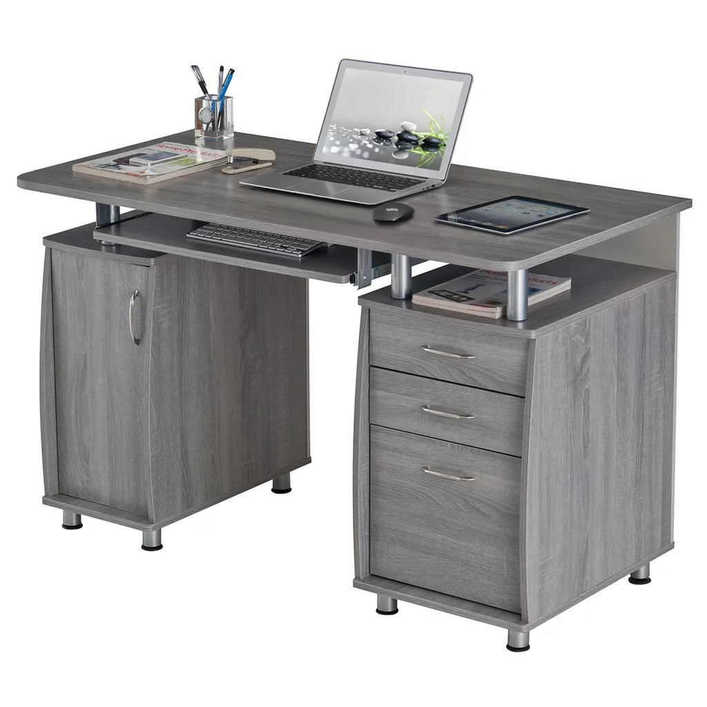 Gray Computer Workstation with Cabinet and Drawers Z47526