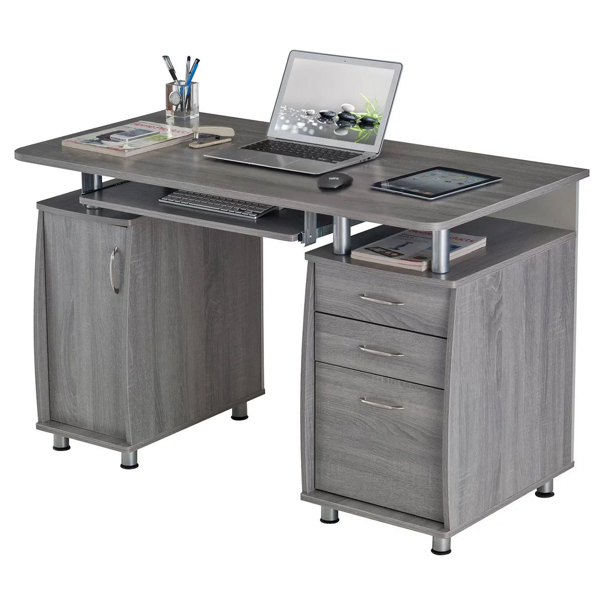 Gray Computer Workstation with Cabinet and Drawers Z47526