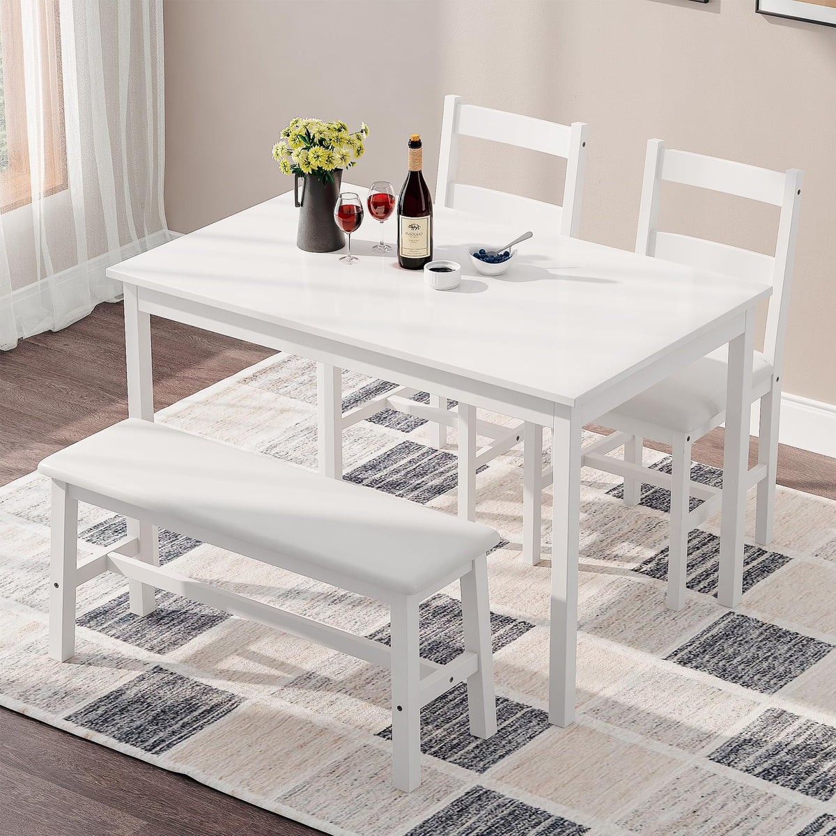 White 4 Piece Wood Dining Table Set with Chairs and Bench J97958
