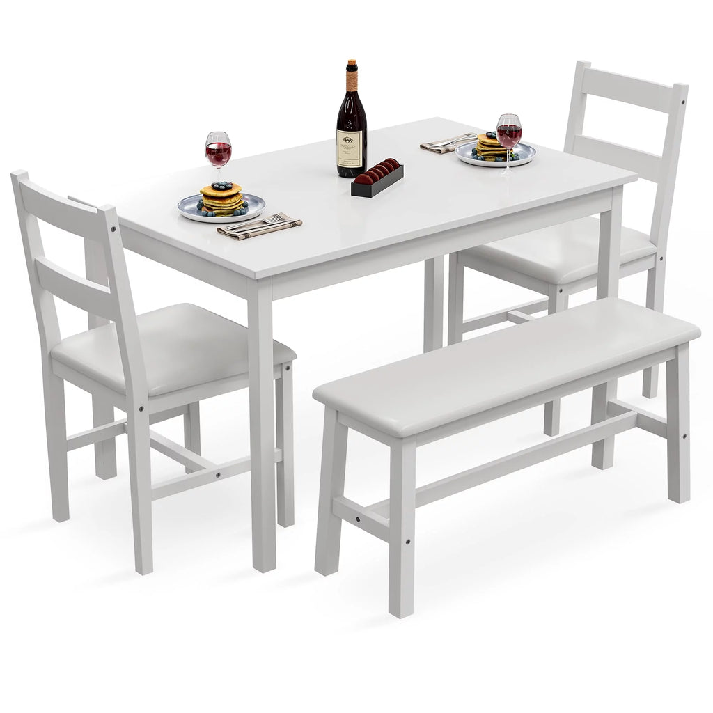 White 4 Piece Wood Dining Table Set with Chairs and Bench J97958