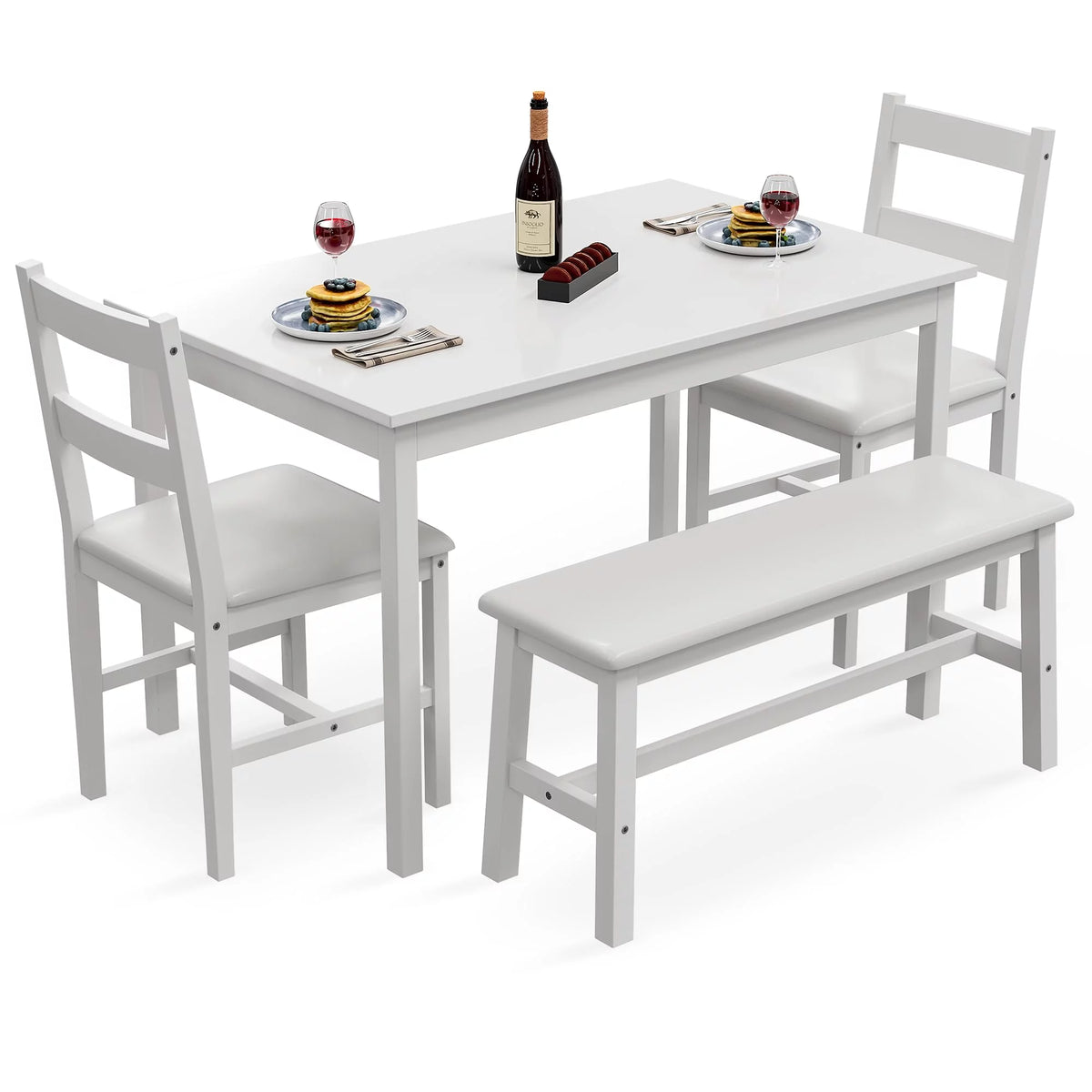 White 4 Piece Wood Dining Table Set with Chairs and Bench J97958